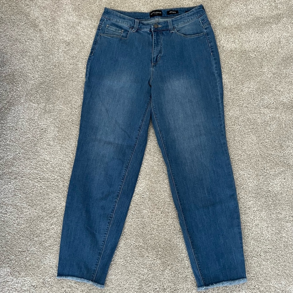 Susan Graver straight ankle jean with frayed hem